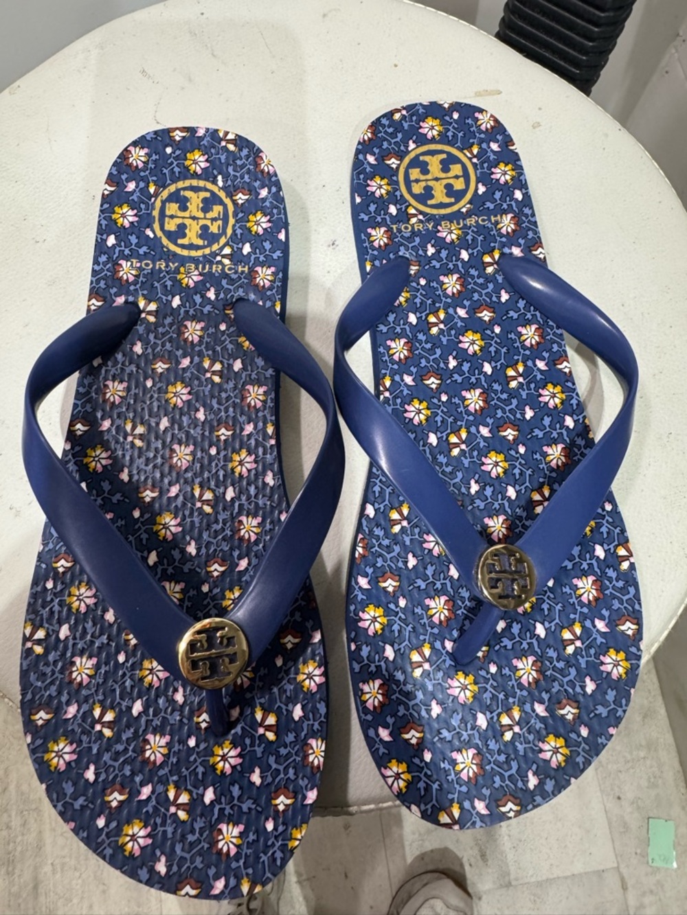 Tory Burch Navy Floral Logo Flip Flop with Gold Emblem - Picture 3 of 3